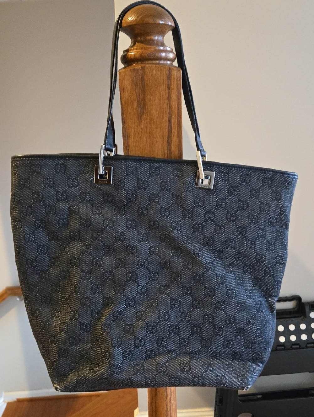 Designer Authentic Gucci Monogram Tote Bag in Charcoal Black